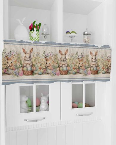 Easter Valances for Windows Bunny FLowes Blanket Window Valances Rod Pocket Vintage Blue Window Treatment Spring Holiday Decor Valances for Kitchen Living Room Bedroom, 60x18in in Saudi Arabia