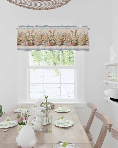 Easter Valances for Windows Bunny FLowes Blanket Window Valances Rod Pocket Vintage Blue Window Treatment Spring Holiday Decor Valances for Kitchen Living Room Bedroom, 60x18in in Saudi Arabia