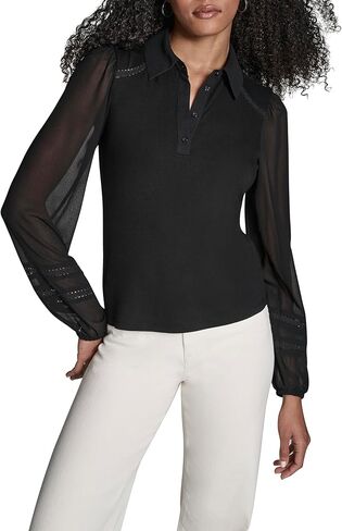 BCBG Women's Long Sleeve Collared Top with Sheer Sleeves in Saudi Arabia
