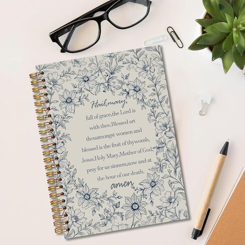 MKIJUHB Hail Mary Prayer Catholic Spiral Notebook 5.5x8.3, Christian Bible Prayer Journal for Women, Catholic Gifts for Women, Vintage Blue Floral Religious Notebook for Note Taking in Saudi Arabia