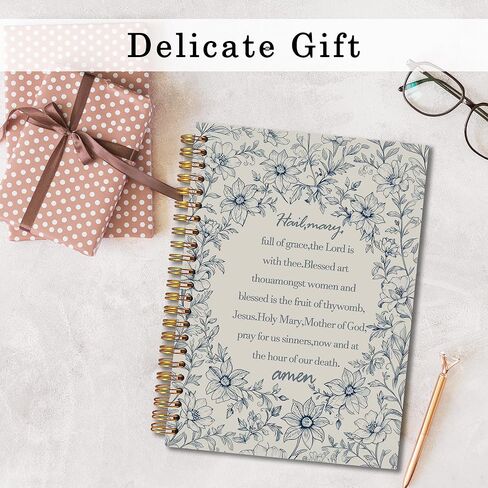MKIJUHB Hail Mary Prayer Catholic Spiral Notebook 5.5x8.3, Christian Bible Prayer Journal for Women, Catholic Gifts for Women, Vintage Blue Floral Religious Notebook for Note Taking in Saudi Arabia