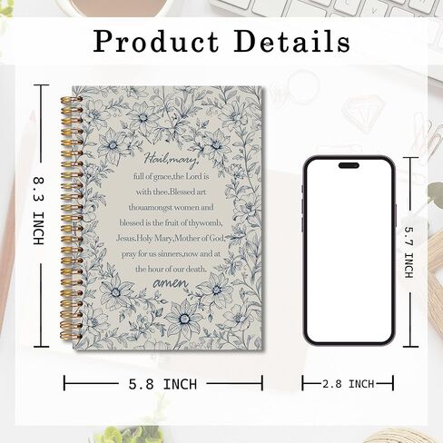 MKIJUHB Hail Mary Prayer Catholic Spiral Notebook 5.5x8.3, Christian Bible Prayer Journal for Women, Catholic Gifts for Women, Vintage Blue Floral Religious Notebook for Note Taking in Saudi Arabia