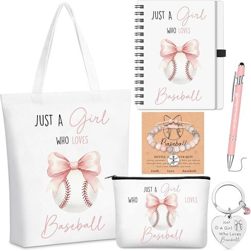Ceenna 6 Pcs Softball Gifts for Her Women Party Favors Players Team Gift Pink Bows Makeup Bag, Bracelet, Notebook, Tote Bag, Pink Pen, Keychain for Birthday Sport Lover Valentines Sport Stuffers in Saudi Arabia