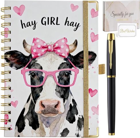 هدايا بقرة للنساء لمحبي البقر مقاس A5 دفتر ملاحظات حلزوني 200 صفحة A5 مبطنة بقلم هدايا جرلي لطيفة للنساء والفتيات المراهقات والأطفال in Kuwait