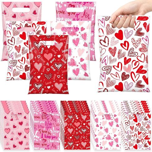 Pickmesh 150 Pcs Valentines Day Plastic Bags Bulk Valentine Candy Cellophane Bags with Handles for Gift Exchange Heart Goodie Treat Handbags for Sweet Day Birthday Party Favor Supplies (Fashion) in Saudi Arabia