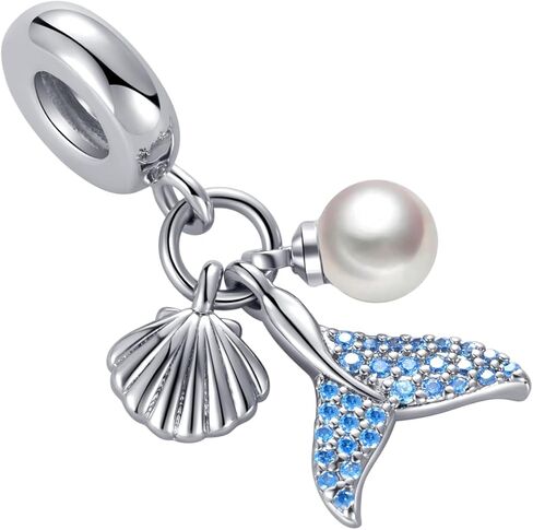 Mermaid Tail Seashell Pearl Triple Dangle Charm Compatible with Pandora Charms Bracelets in Saudi Arabia