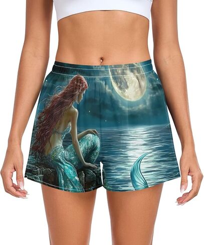 Women’s Athletic Shorts Mermaid Moon Fantasy - Quick Dry for Running Workout Gym with Zip Pocket S in Saudi Arabia