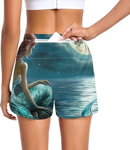 Women’s Athletic Shorts Mermaid Moon Fantasy - Quick Dry for Running Workout Gym with Zip Pocket S in Saudi Arabia