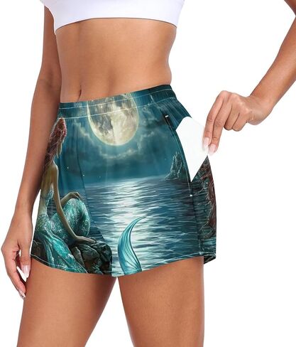 Women’s Athletic Shorts Mermaid Moon Fantasy - Quick Dry for Running Workout Gym with Zip Pocket S in Saudi Arabia