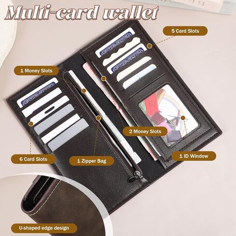 Bifold Slim Long Wallet for Men, Card Holder Wallet with Multiple Cards Slots PU Leather Card Wallets Contrasting Bifold Wallets Leather Checkbook Cover for Suits and Daily Use (Deep Coffee) in Saudi Arabia