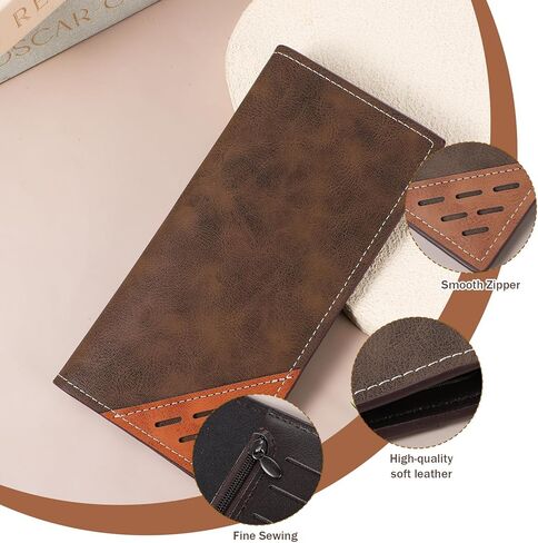 Bifold Slim Long Wallet for Men, Card Holder Wallet with Multiple Cards Slots PU Leather Card Wallets Contrasting Bifold Wallets Leather Checkbook Cover for Suits and Daily Use (Deep Coffee) in Saudi Arabia