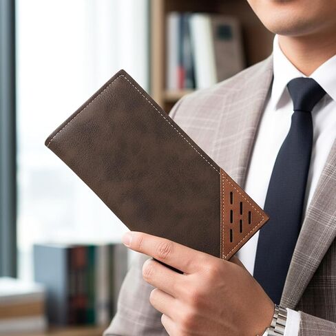 Bifold Slim Long Wallet for Men, Card Holder Wallet with Multiple Cards Slots PU Leather Card Wallets Contrasting Bifold Wallets Leather Checkbook Cover for Suits and Daily Use (Deep Coffee) in Saudi Arabia