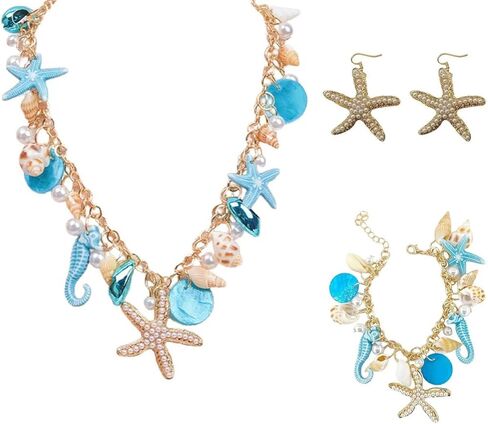 Shell Starfish Necklace Bracelet Earrings Jewelry Set for Women Boho Conch Pearl Seashell Choker Necklace Mermaid Costume Outfits Summer Beach Holiday Party in Saudi Arabia
