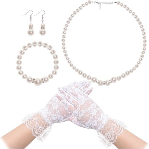 4 Pieces Pearl Jewelry Set for Women Girls Petite Fit Faux Pearl Necklace Adjustable Chain Earrings Stretch Bracelet Lace Gloves for Wedding Tea Party Prom Formal Accessories in Kuwait