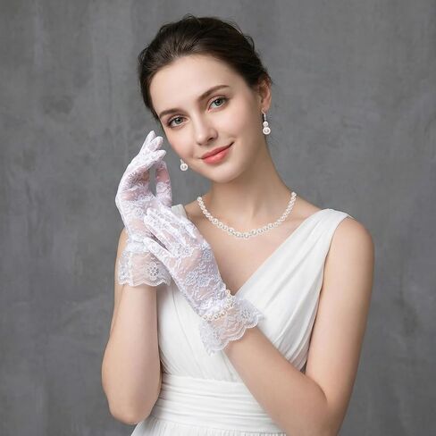 4 Pieces Pearl Jewelry Set for Women Girls Petite Fit Faux Pearl Necklace Adjustable Chain Earrings Stretch Bracelet Lace Gloves for Wedding Tea Party Prom Formal Accessories in Kuwait