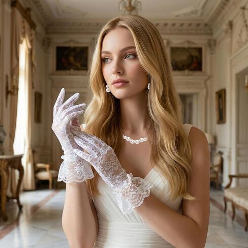 4 Pieces Pearl Jewelry Set for Women Girls Petite Fit Faux Pearl Necklace Adjustable Chain Earrings Stretch Bracelet Lace Gloves for Wedding Tea Party Prom Formal Accessories in Kuwait