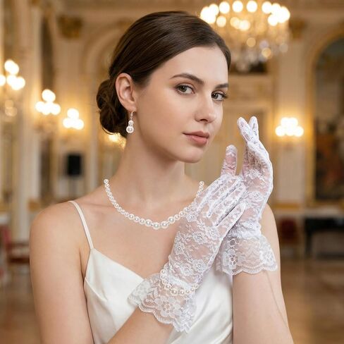 4 Pieces Pearl Jewelry Set for Women Girls Petite Fit Faux Pearl Necklace Adjustable Chain Earrings Stretch Bracelet Lace Gloves for Wedding Tea Party Prom Formal Accessories in Kuwait