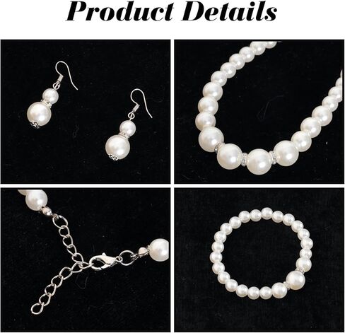 4 Pieces Pearl Jewelry Set for Women Girls Petite Fit Faux Pearl Necklace Adjustable Chain Earrings Stretch Bracelet Lace Gloves for Wedding Tea Party Prom Formal Accessories in Kuwait