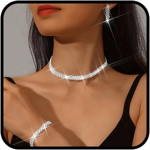 Sixexey Rhinestone Jewelry Set Silver Jewelry Bridal Wedding Necklace Earrings for Women in Saudi Arabia