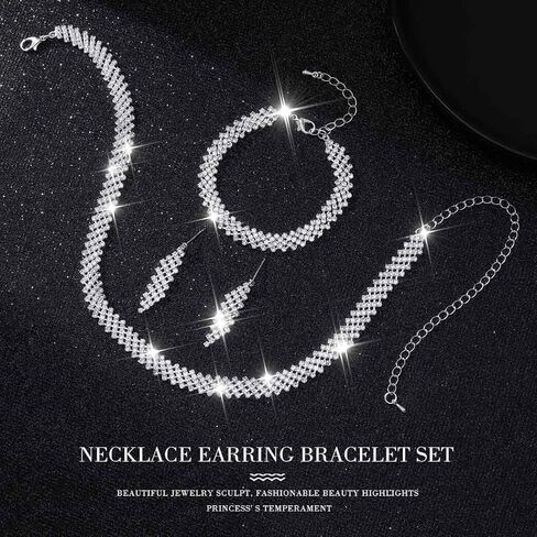 Sixexey Rhinestone Jewelry Set Silver Jewelry Bridal Wedding Necklace Earrings for Women in Saudi Arabia