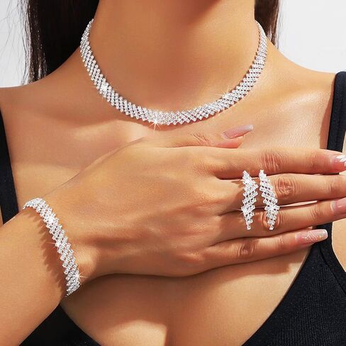 Sixexey Rhinestone Jewelry Set Silver Jewelry Bridal Wedding Necklace Earrings for Women in Saudi Arabia