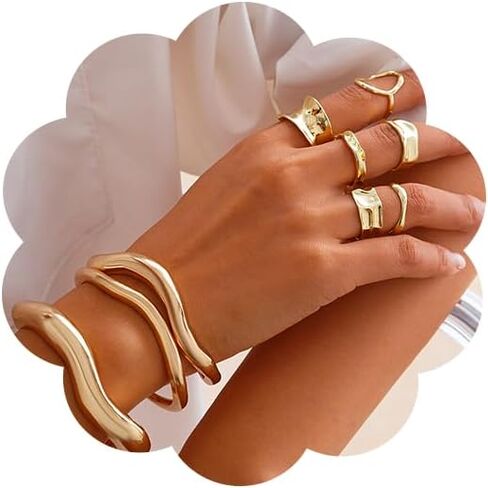 Chunky Gold Bangle Bracelets Set for Women Stackable Cuff Bracelets Irregular Stack Open Wide Bangle Ring Set Geometri Minimalist Jewelry Set in Saudi Arabia