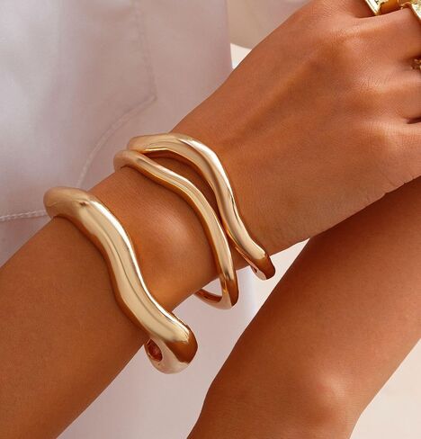 Chunky Gold Bangle Bracelets Set for Women Stackable Cuff Bracelets Irregular Stack Open Wide Bangle Ring Set Geometri Minimalist Jewelry Set in Saudi Arabia