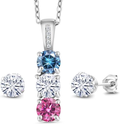Gem Stone King Customized and Personalized 3-Stone Pendant and Earrings Jewelry Set For Women | 925 Sterling Silver | 5MM Gemstone Birthstone and White Diamond | With 18 Inch Chain in Saudi Arabia