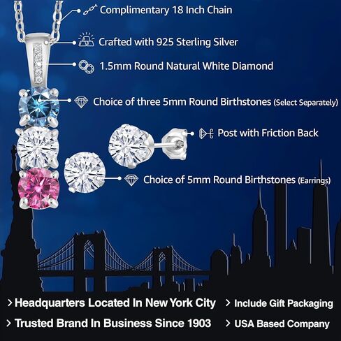 Gem Stone King Customized and Personalized 3-Stone Pendant and Earrings Jewelry Set For Women | 925 Sterling Silver | 5MM Gemstone Birthstone and White Diamond | With 18 Inch Chain in Saudi Arabia