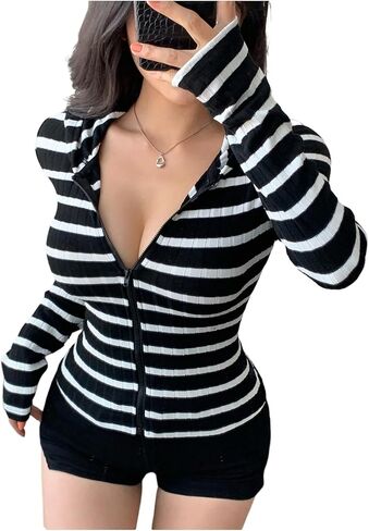 SweatyRocks Women's Ribbed Knit Striped Long Sleeve Slim Fit Tops Casual Zip Up Hoodies in Saudi Arabia