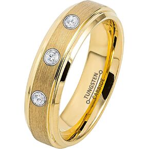 0.21ct Diamond 3-Stone Tungsten Ring - April Birthstone - 6MM Yellow Gold Ion-Plated Flat Brushed Finish Center Stepped Edge Comfort Fit Unisex Wedding Anniversary Band in Kuwait