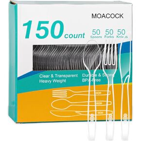 موكوك 150 قطعة من أدوات المائدة البلاستيكية الشفافة، شوكة بلاستيكية ثقيلة الوزن، سكاكين، أدوات مائدة للاستعمال مرة واحدة، مجموعة أدوات مائدة لحفلات الزفاف، الاستخدام اليومي in Kuwait