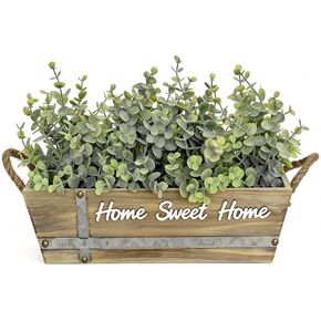 قطعة مركزية لطاولة الأوكالبتوس الصناعية في صندوق خشبي، ترتيب خضرة صناعية مع لافتة "Home Sweet Home"، مقابض من حبال الجوت، ديكور منزلي ريفي للمزرعة in Kuwait