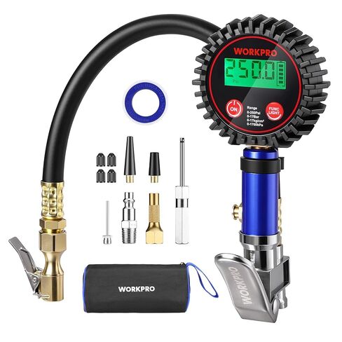WORKPRO 12PCS Digital Tire Pressure Gauge with Inflator, 250 PSI, Heavy Duty Air Compressor Attachments with Storage Bag, Tire Gauge with Brass Air Chuck and Rubber Hose for Vehicles and Inflatables in Saudi Arabia