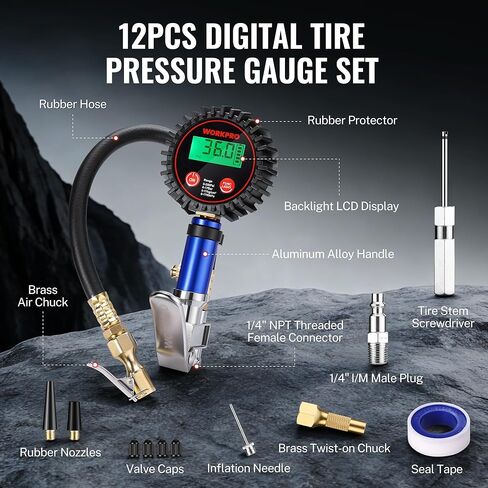 WORKPRO 12PCS Digital Tire Pressure Gauge with Inflator, 250 PSI, Heavy Duty Air Compressor Attachments with Storage Bag, Tire Gauge with Brass Air Chuck and Rubber Hose for Vehicles and Inflatables in Saudi Arabia