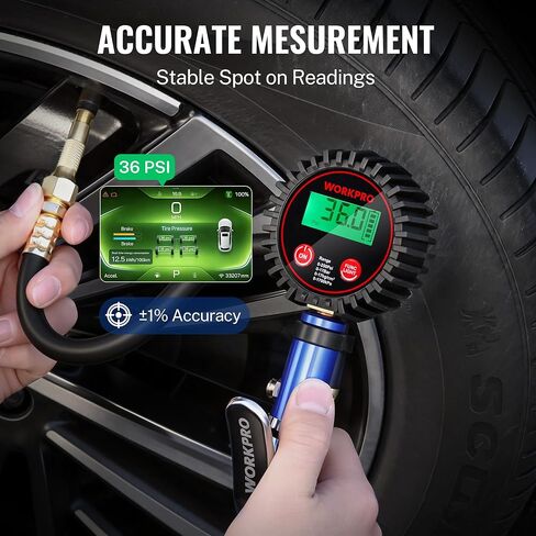 WORKPRO 12PCS Digital Tire Pressure Gauge with Inflator, 250 PSI, Heavy Duty Air Compressor Attachments with Storage Bag, Tire Gauge with Brass Air Chuck and Rubber Hose for Vehicles and Inflatables in Saudi Arabia