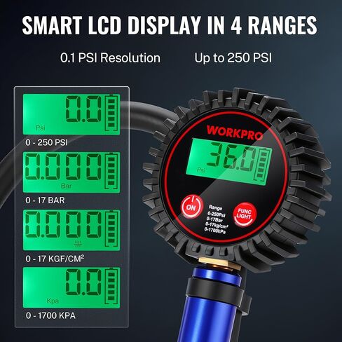 WORKPRO 12PCS Digital Tire Pressure Gauge with Inflator, 250 PSI, Heavy Duty Air Compressor Attachments with Storage Bag, Tire Gauge with Brass Air Chuck and Rubber Hose for Vehicles and Inflatables in Saudi Arabia