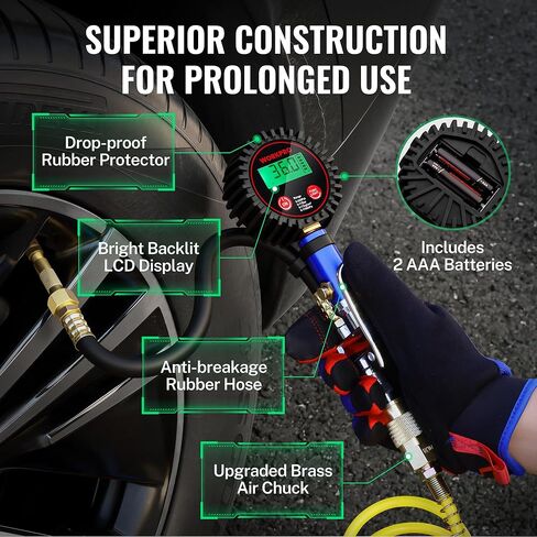 WORKPRO 12PCS Digital Tire Pressure Gauge with Inflator, 250 PSI, Heavy Duty Air Compressor Attachments with Storage Bag, Tire Gauge with Brass Air Chuck and Rubber Hose for Vehicles and Inflatables in Saudi Arabia