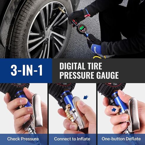 WORKPRO 12PCS Digital Tire Pressure Gauge with Inflator, 250 PSI, Heavy Duty Air Compressor Attachments with Storage Bag, Tire Gauge with Brass Air Chuck and Rubber Hose for Vehicles and Inflatables in Saudi Arabia