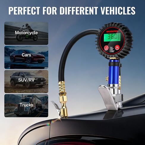 WORKPRO 12PCS Digital Tire Pressure Gauge with Inflator, 250 PSI, Heavy Duty Air Compressor Attachments with Storage Bag, Tire Gauge with Brass Air Chuck and Rubber Hose for Vehicles and Inflatables in Saudi Arabia