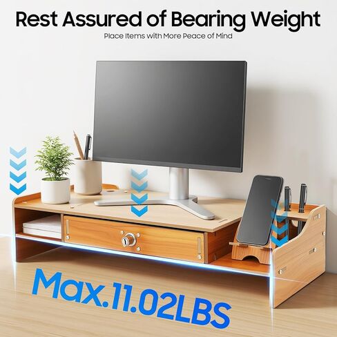 Monitor Stand Riser with Drawer, Lockable Computer Monitor Stand Desktop Organizer with Pen Holes & Cell Phone Holder for Laptop Computer Home and Office Use in Saudi Arabia