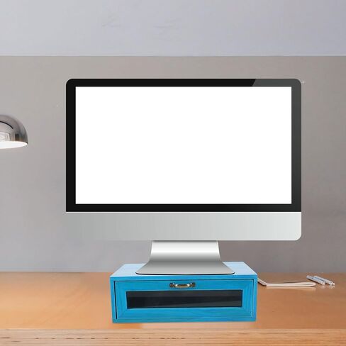 Wooden Monitor Riser Stand with Pull-out Storage Drawer for Desk, Rustic Computer Monitor Stand Organizer, Suitable for Home Office, Mediterranean Blue in Saudi Arabia