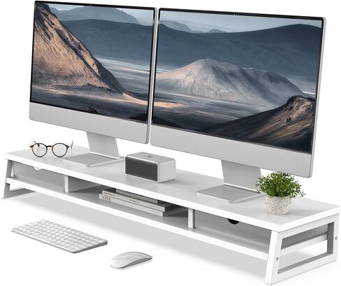 حامل شاشة مزدوج من Fenge مع أدراج، وحامل شاشة للمكتب، وحامل شاشة كمبيوتر كبير مقاس 42.5 بوصة لشاشتين مقاس 27 بوصة، ورف مكتب خشبي بطبقتين in Kuwait