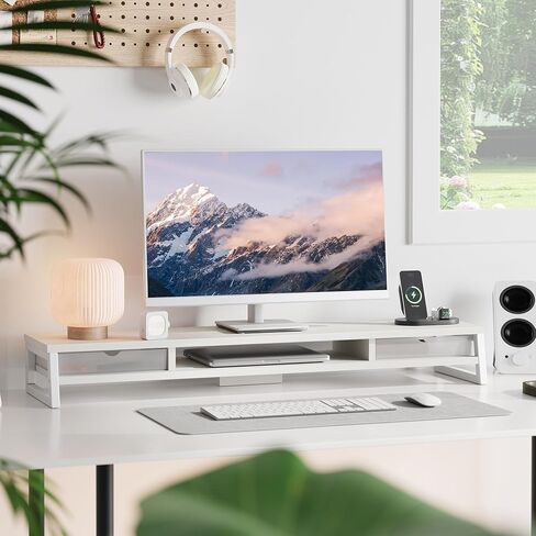 حامل شاشة مزدوج من Fenge مع أدراج، وحامل شاشة للمكتب، وحامل شاشة كمبيوتر كبير مقاس 42.5 بوصة لشاشتين مقاس 27 بوصة، ورف مكتب خشبي بطبقتين in Kuwait