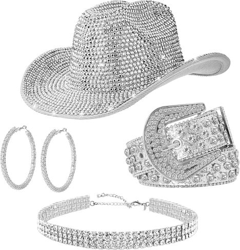 Hercicy 4 Pcs Western Cowgirl Full Diamond Outfit Set Glitter Hat Rhinestone Choker Hoop Earring Belt for Concert Party in Saudi Arabia