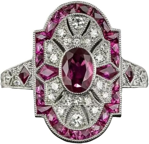 Art Deco Vintage Oval Cut Ruby & Lab Created Diamond 925 Silver Engagement Ring in Saudi Arabia