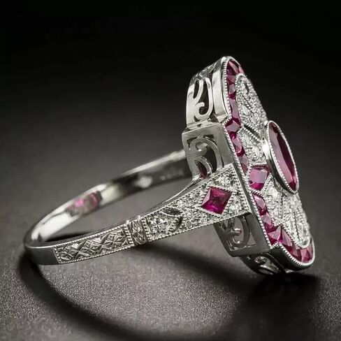 Art Deco Vintage Oval Cut Ruby & Lab Created Diamond 925 Silver Engagement Ring in Saudi Arabia
