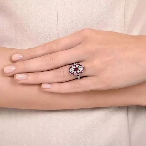Art Deco Vintage Oval Cut Ruby & Lab Created Diamond 925 Silver Engagement Ring in Saudi Arabia