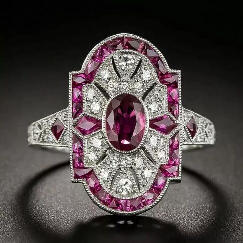 Art Deco Vintage Oval Cut Ruby & Lab Created Diamond 925 Silver Engagement Ring in Saudi Arabia