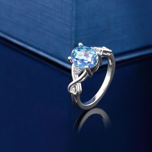 Gem Stone King 1.85 Cttw Millennium Blue Mystic Quartz and White Topaz Ring for Women | 925 Silver | Gemstone Birthstone | 3 Stone Wedding Engagement Anniversary Promise Ring For Women in Saudi Arabia